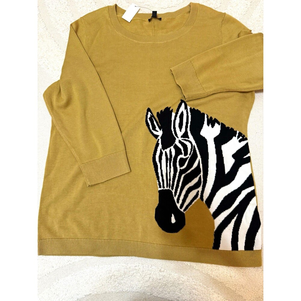 NWT Talbots Plus Zebra Animal Print Crew Neck Pullover Knit Sweater Tan Sz X(M/L